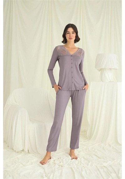 Online Kapsulavm Avm Alışveriş Kapsulavm Yakası Kolu Ve Omzu Dantelli Boydan Düğmeli Pijama Takımı Gri