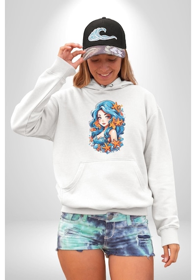Deniz Kızı Deniz Yıldızı Mavi Saçlı Kadın Erkek Beyaz Kapüşonlu Sweatshirt Hoodie Beyaz