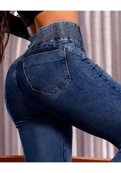 Valensdesign Kadın Yüksek Bel Yanları Lastik Önü Düğmeli Kot Pantolon Lacivert