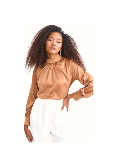 Sateen Yaka Detaylı Saten Bluz - Camel