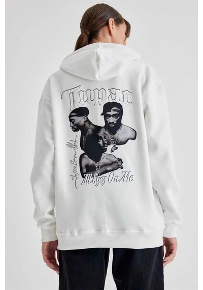 Mbb E-ticaret Kadın Oversize Kapüşonlu Cepli Tupac Baskılı 3 İplik Pamuklu Hoodie Sweatshirt - Beyaz