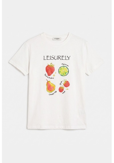 it's basic Kadın Beyaz Meyve Baskılı Bol Kesim Tasarım T-shirt