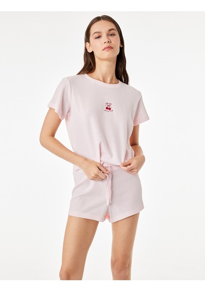 Koton Kiraz Detaylı Bisiklet Yaka Kısa Kollu Dokulu Pijama Takımı Pembe 6slk40086mk Gül