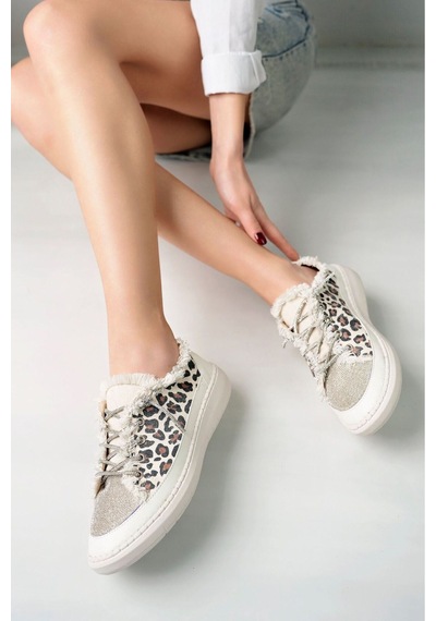 Craft Moda Neva Taşlı Düz Taban Kadın Kot Sneakers Leopar