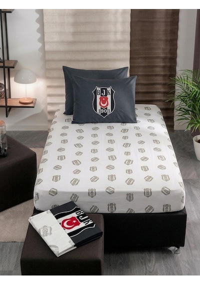 Taç Out Zorluteks Beşiktaş Bjk Tek Kişilik Pamuk Lastikli Çarşaf Seti 2 Parça Siyah Beyaz
