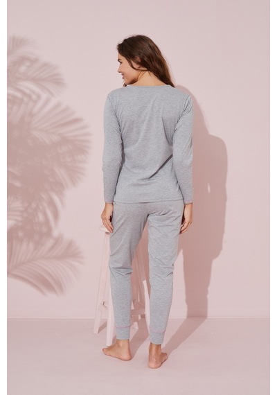 Siyah İnci Baskılı Pamuklu Örme Pijama Takım 24241095 Gri