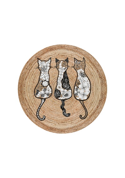 Ütopya Dijital Baskı Dokuma Pamuk Kaymaz Taban Yuvarlak Halı 3 Kedi Desenli 3 Kedi Desenli