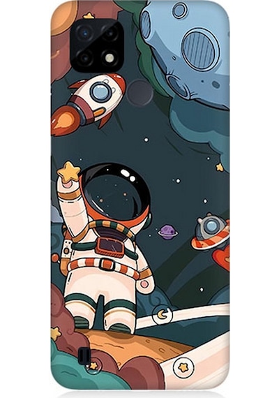 Realme C21 Uyumlu Silikon Kılıf Sevimli Astronot Uzay Macerası