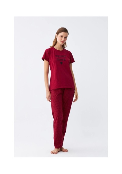 İkikareshop Kadın Bordo Kalp Desenli Kısa Kollu Penye Pijama Takımı Çok Renkli