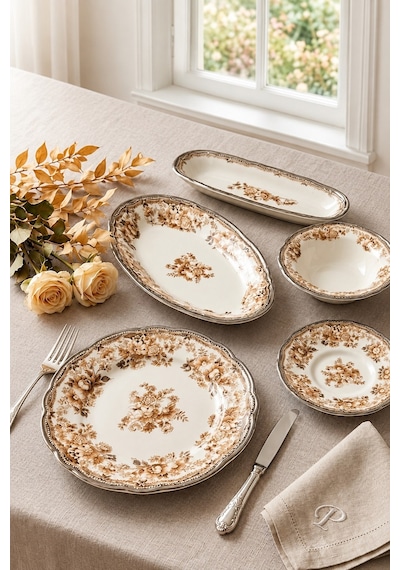 Porser Porselen Velour Brown Fulya Kahvaltı Seti 6 Kişilik 20 Parça Çok Renkli