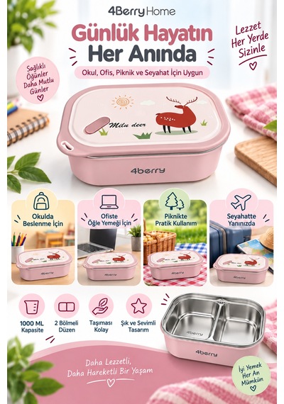 2 Bölmeli Yemek Termosu - Pembe Geyik Desenli Beslenme Kabı - 1000 Ml, Sızdırmaz, Kaşıklı, Paslanmaz Çelik