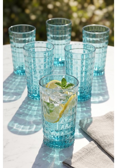 Akrilik Allegra Aquamarin 7 Parça Su Meşrubat Kahve Yanı Bardağı 750 Ml Ve Akrilik Allegra Aquamarin 1,5 Lt Sürahi Cam Değildir Turkuaz