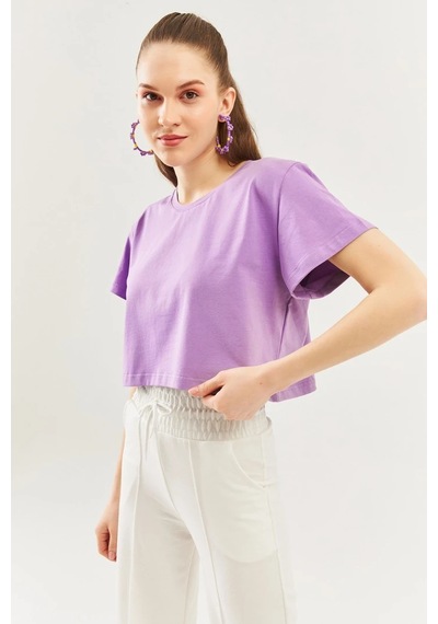 Kadın Rahat %100 Pamuklu Penye Bisiklet Yaka Kısa Kol Basic Crop T-shirt Lila