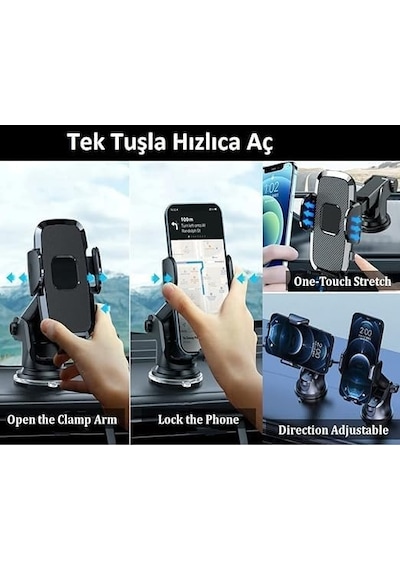 Otomatik Klipsli Teleskobik Araç İçi Telefon Tutucu Yüksek Kaliteli Tutuş Ve 360 Dönebilme Özellikli Cam Ve Diğer