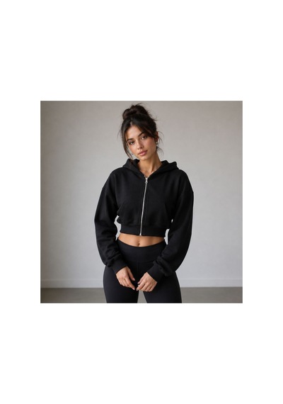 Herkesemoda Kadın Siyah Fermaurlı Kapüşonlon 2 İplik Şardonlu Crop Sweatshirt Siyah