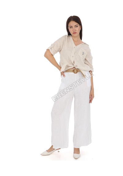 Eren Style İtalyan Kemerli Keten Pantolon-9200 Beyaz