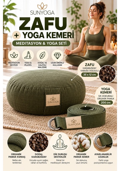 Zafu Meditasyon Minderi + 200 Cm Yoga Kemeri Seti Karabuğday Dolgulu 35x12 Cm Yeşil