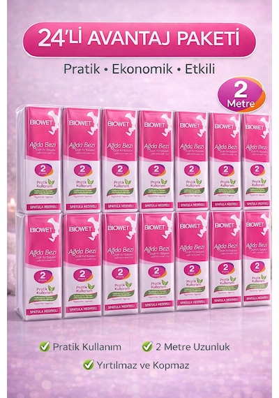 Biowet Ağda Bezi 2 Metre Spatula Hediyeli Epilasyon Bezi Dayanıklı Tüy Dökme Bezi 24 Paket