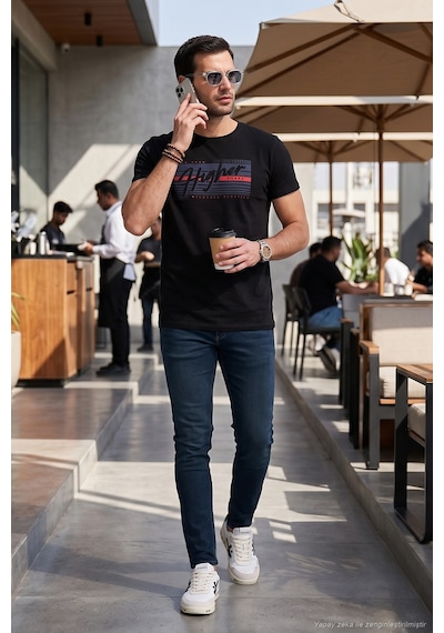 Buratti Pamuklu Slim Fit Bisiklet Yaka Baskılı Erkek T Shirt 541Higher Siyah