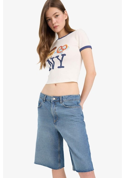 Defacto Coool Fitted Crop Bisiklet Yaka Baskılı Ribana Kısa Kollu Tişört F2785ax25smwt32 Beyaz
