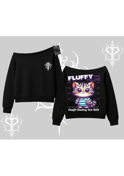 Startmore Fluffy The Feline Yazılı Sevimli Kedi Arka Baskılı Kayık Yaka Sweatshirt Siyah