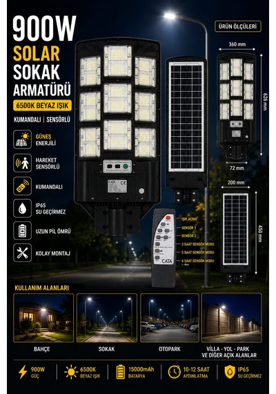 900w Kumandalı Solar Güneş Enerjili Sokak Armatürü 6500k