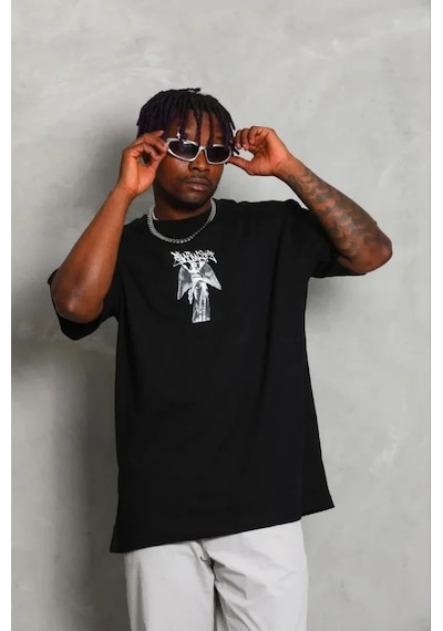 Modi Erkek Baskılı T-shirt Kısa Kol Bisiklet Yaka Regular Fit Rahat Kalıp Günlük Tişört - Siyah - Mymg185485