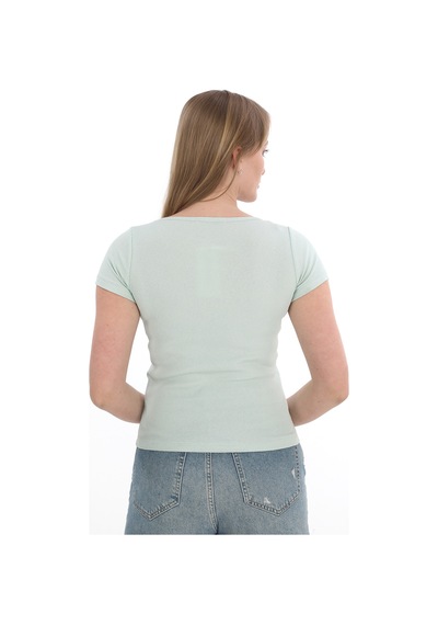Monox Kadın Fitilli Likralı Pamuk Basic Tshirt Yeşil