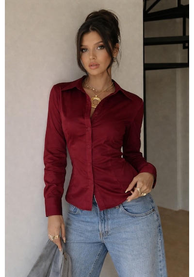 Kadın Premium Gömlek Slim Fit Uzun Kollu Şık Ofis Günlük Kombin Basic Klasik Gömlek Bordo