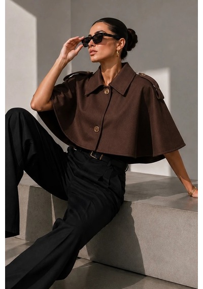 Bb Butik Basic Kadın Premiun Omuz Apoletli Crop Panço Trençkot Fs3434 Kahverengi