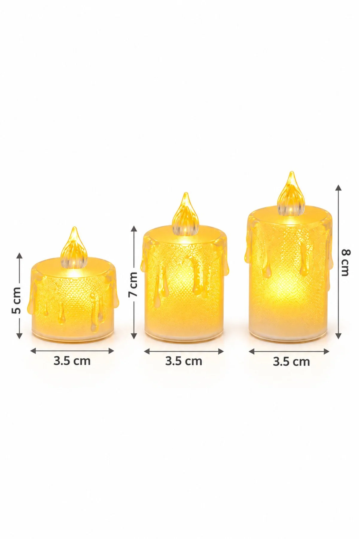 Erkugo 3 Lü Mini Led Mum Seti 5-7-8 Cm Pilli Şeffaf Sıcak Sarı Işıklı Dekoratif Mum