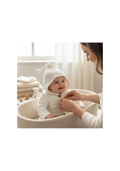Altıntaş Baby Çizgili Triko Ponpon Kapüşonlu Çift Katlı Kız Erkek Bebek Hırka Ekru Ekru