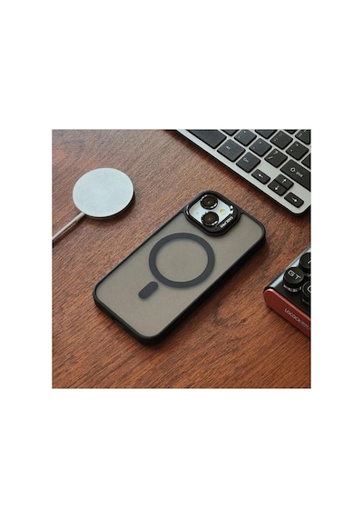 iPhone Uyumlu 14 Plus / 15 Plus Kamera Koruma Stantlı Magsafe Destekli Lens Koruyucu Telefon Kılıfı Siyah