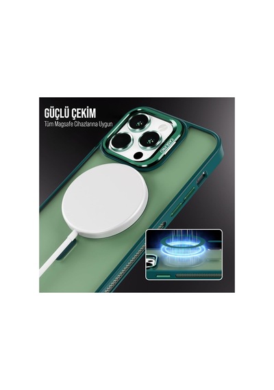 İphone 11 Uyumlu Magsafe Kılıf Mıknatıslı Standlı Darbeye Dayanıklı Mat Şeffaf Arka Kapak Lens Hediyeli Yeşil