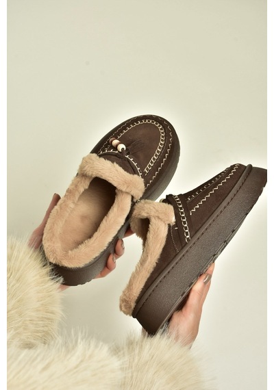 Fox Shoes Z357171661 Kahverengi Süet Hakiki Deri Kürklü Kadın Makosen Terlik