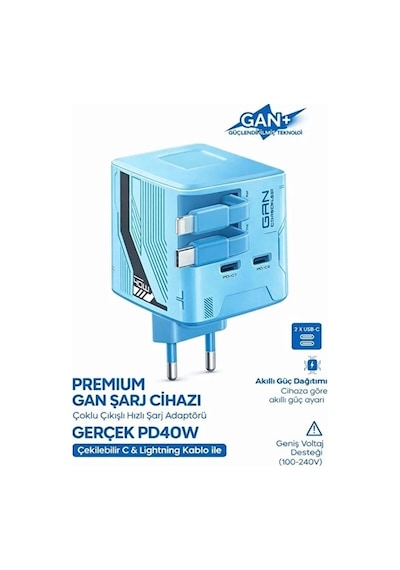 Gan+ Pd 40w Hızlı Şarj Adaptörü Çoklu Çıkış Usb-c Lightning Kablolu Hızlı Şarj Cihazı Ev 7e245