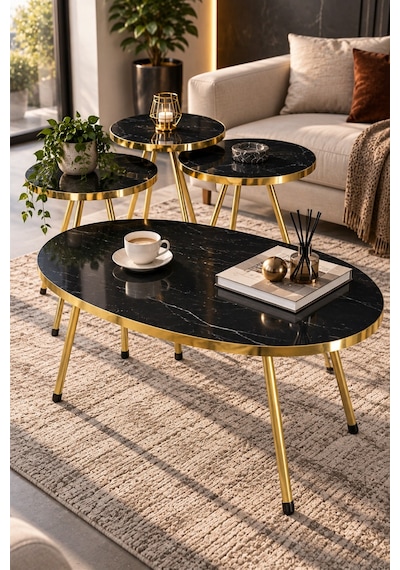 Sulorahome Elips Elips Orta Sehpa Ve Zigon Sehpa Seti Altın Metal Ayaklı Siyah - Altın Sulorahome Elips Elips Orta Sehpa Ve Zigon Sehpa Seti Altın Metal Ayaklı Siyah - Altın