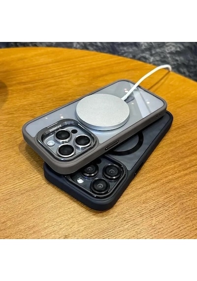 İphone 16 Pro Max Uyumlu Kılıf Klon Stantlı + Lens Korumalı Magsafe Telefon Kılıfı Açık Mavi