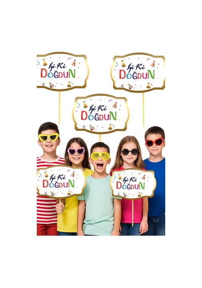 Konuşma Balonu 5li Set İyi Ki Doğdun Renkli Yazı Ve Varak Çerçeve Doğum Günü Akasesuarı 17x12cm +3