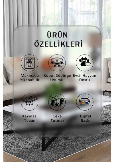 Yıkanabilir Kaymaz Taban Dijital Baskılı Halı Ve Yolluk Leke Tutmaz Salon & Mutfak Halısı - 0596 Antrasit