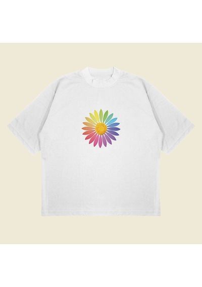 Tarzsokak Rainbow Daisy Baskılı Oversize Unisex Pamuklu Nefes Alan Kalın Kumaşlı Beyaz