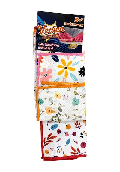 Microfiber Çiçek Desenli Cam Bezi Temizlik Bezi 3'lü 40x40 Cm Beyaz
