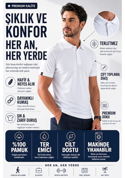 Luxıc Core Erkek Polo Yaka Beyaz Tişört Likralı Pike Kumaş Terletmez Slim Fit Günlük Şık Tasarım