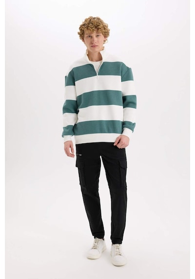 DeFacto Boxy Fit Dik Yaka Yarım Fermuarlı Çizgili Sweatshirt C7045AX24AUGN469 Yeşil