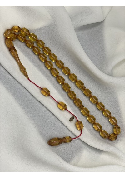 Ayhan Turan İmzalı El Boy Kapsül Kesim Bal Sarısı Ateş Kehribar Tesbih 7x10 Mm Sarı