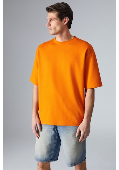 Grimelange JOEL  Erkek %100 Organik Pamuklu Kalın Kumaşlı Özel Dokulu Etiket Detaylı Oversize Turuncu T-Shirt