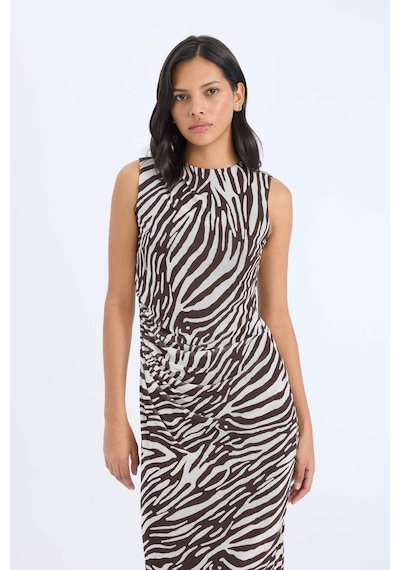 Defacto Bodycon Vücudu Saran Yarım Balıkçı Yaka Zebra Desenli Tül Kolsuz Midi Elbise E2903AX25SP Kahve