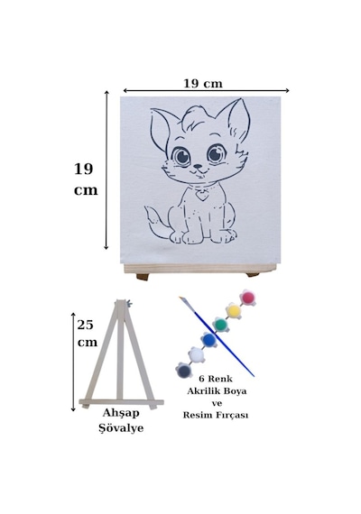 Çocuklar İçin Tuval Boyama Seti Sevimli Kedi 20x20 Cm Tuval, Şövale, Fırça Ve 6 Renk Akrilik Boya Seti