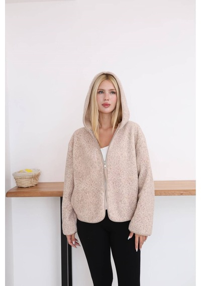 Moda Banuş Kapşon Detay Baskılı Melanj Peluş Mont Bej