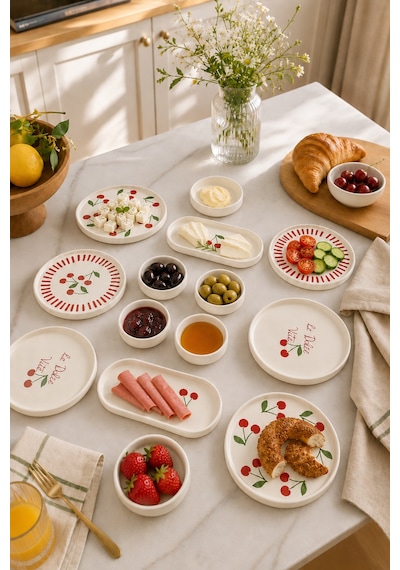 Vita Cherry 14 Parça 6 Kişilik Stackable Kahvaltı Takımı - Lüx Kahvaltılık Sunum Seti Tabağı Beyaz